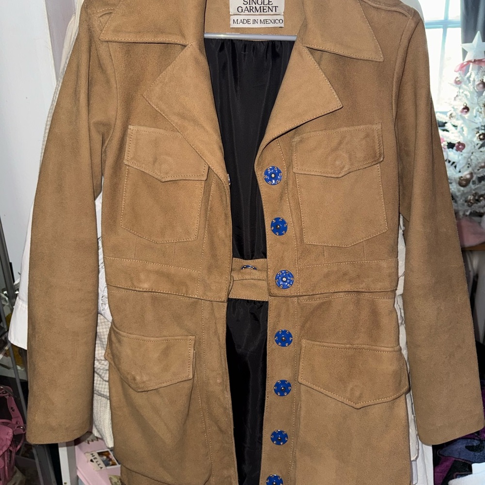 DanCassab Tan Suede Carlotta Jacket with Blue Accent Buttons